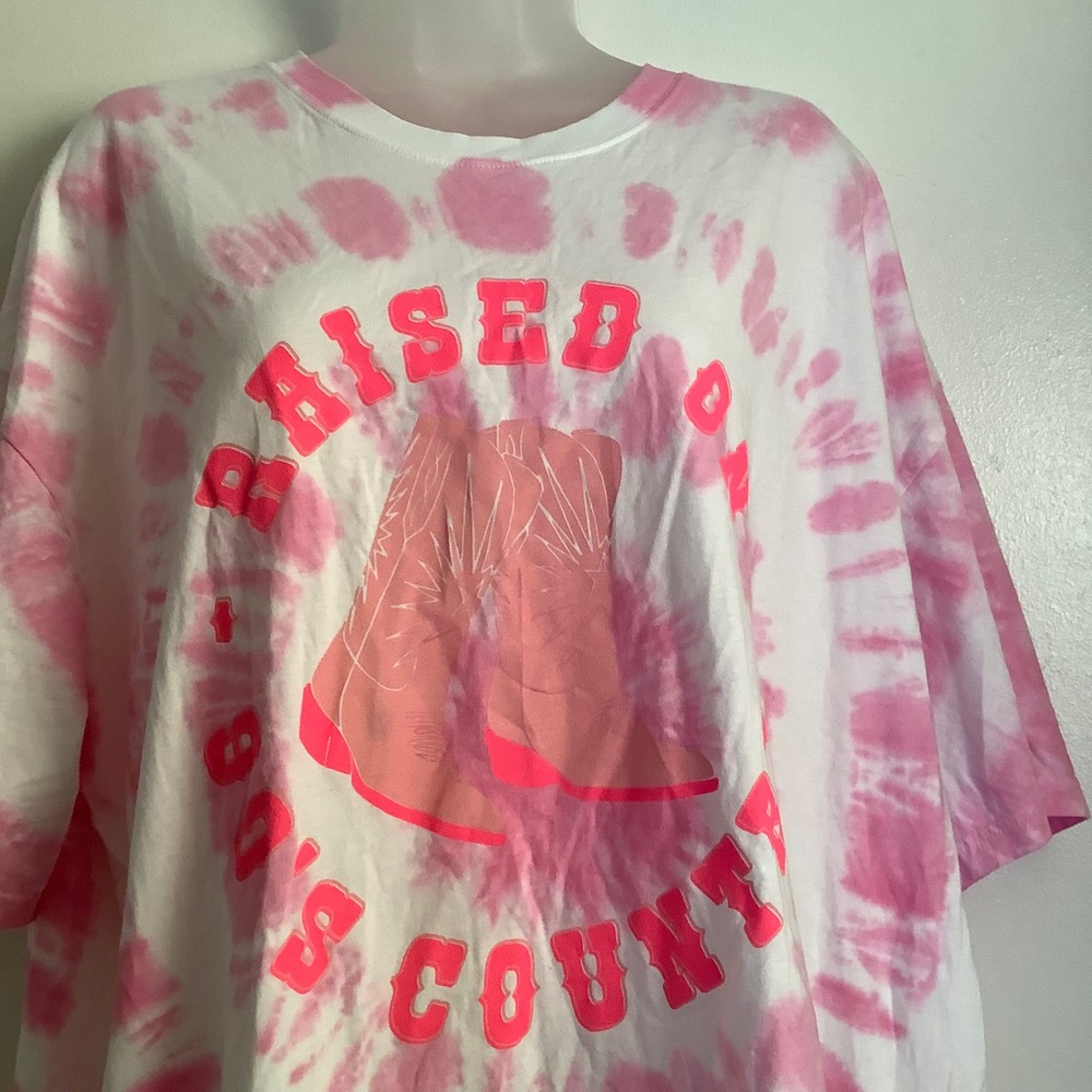 Buddy Love Raised on 90s Country Tie Dye Graphic Tee Pink White Cowboy Boots ML
